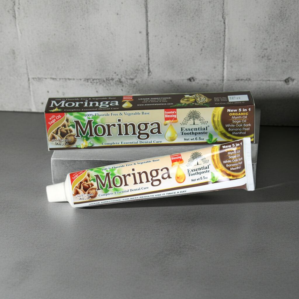 Moringa Essential Toothpaste tube for cleaning teeth, maintaining oral care, and everyday breath freshness.