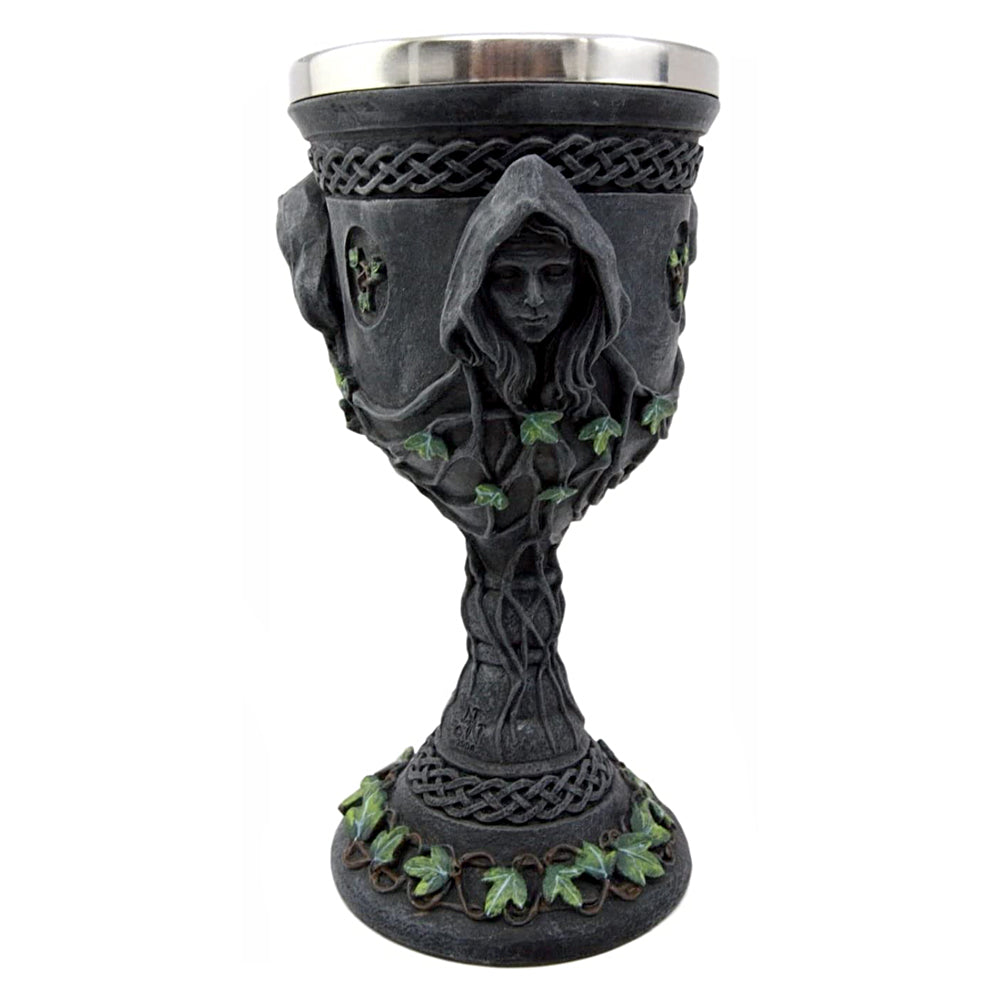 Mother Maiden Crone goblet 8 inches close-up detail of carved Triple Goddess figures.