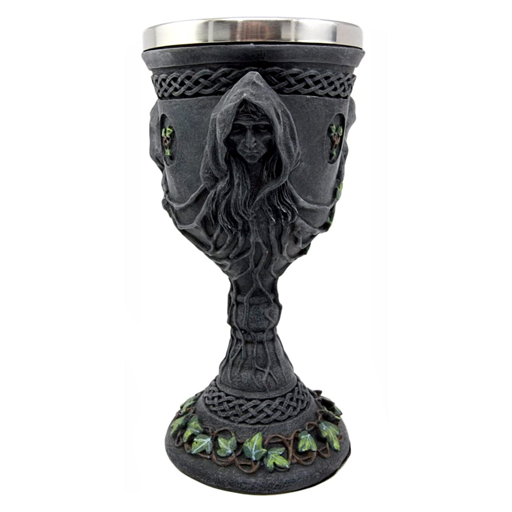 Mother Maiden Crone goblet 8 inches side view showing Triple Goddess figure design.