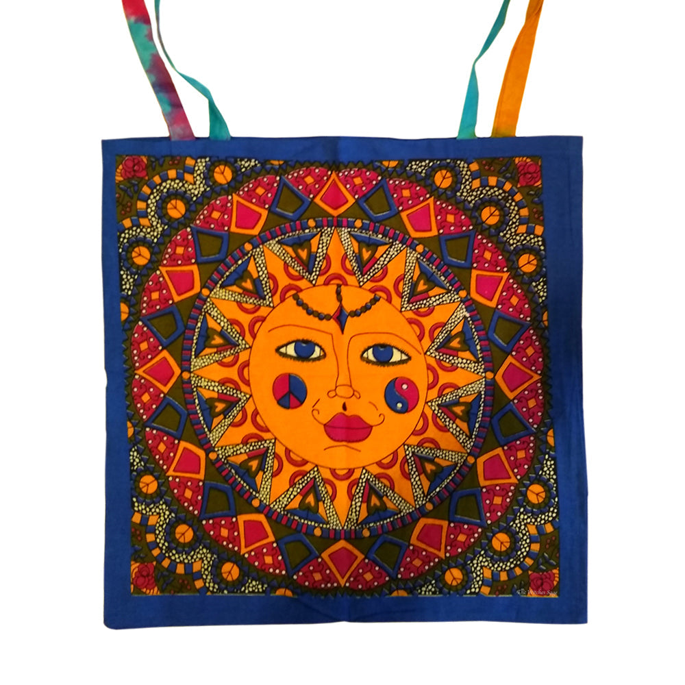 Multi color sun tote bag 18 by 18 inches close-up detail of sun design print.