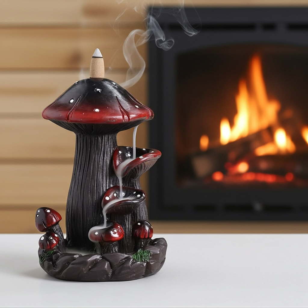 Mushroom Backflow Cone Burner with cascading smoke waterfall for meditation and calming home décor.
