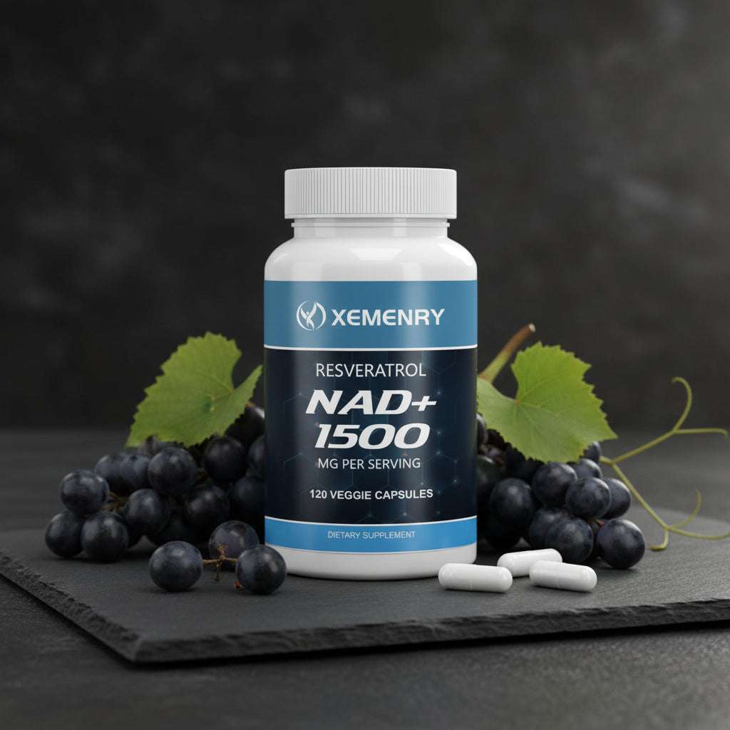 NAD+ supplements with resveratrol capsules for cellular energy support, healthy aging routines, and daily wellness use.