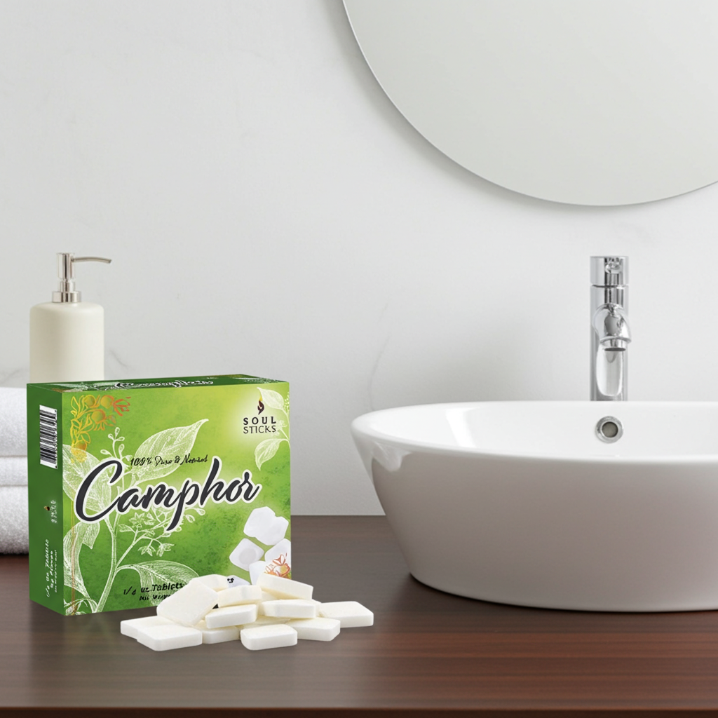 Natural camphor tablets shown from a different angle for aromatic and ceremonial use.