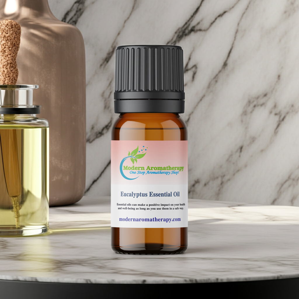 Natural eucalyptus essential oil bottle for diluted massage blends, aromatherapy, and relaxing self-care routines.