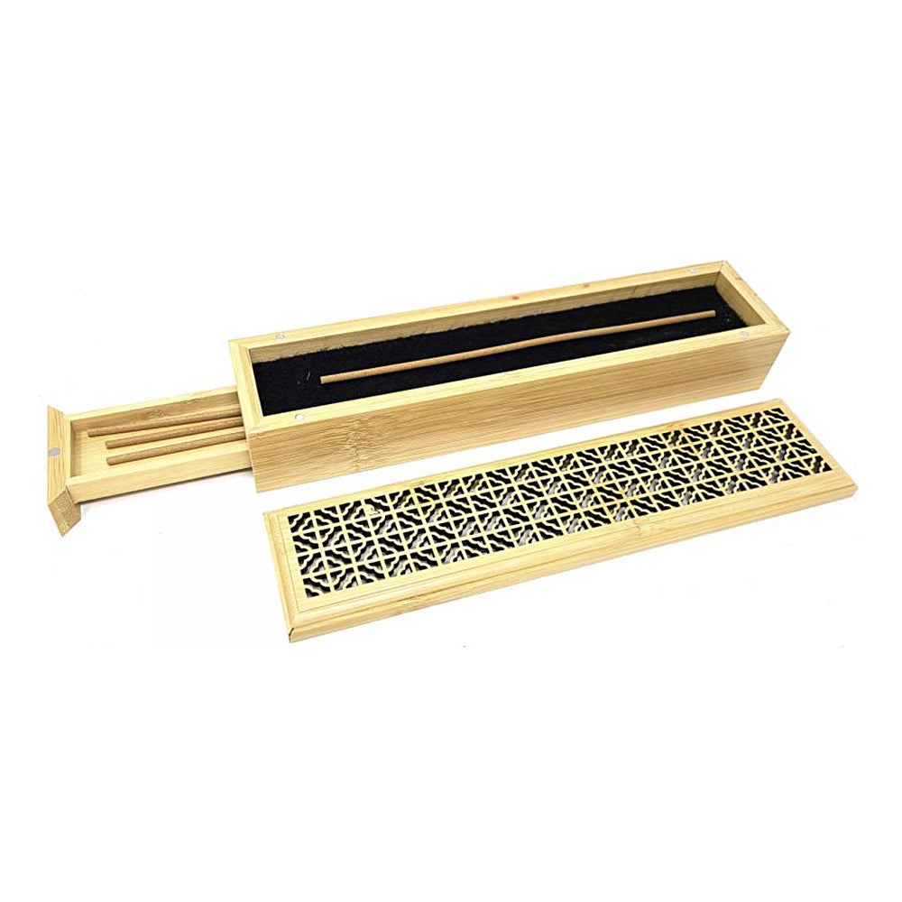 Natural finish wood incense box burner large size open showing incense stick holder slot.