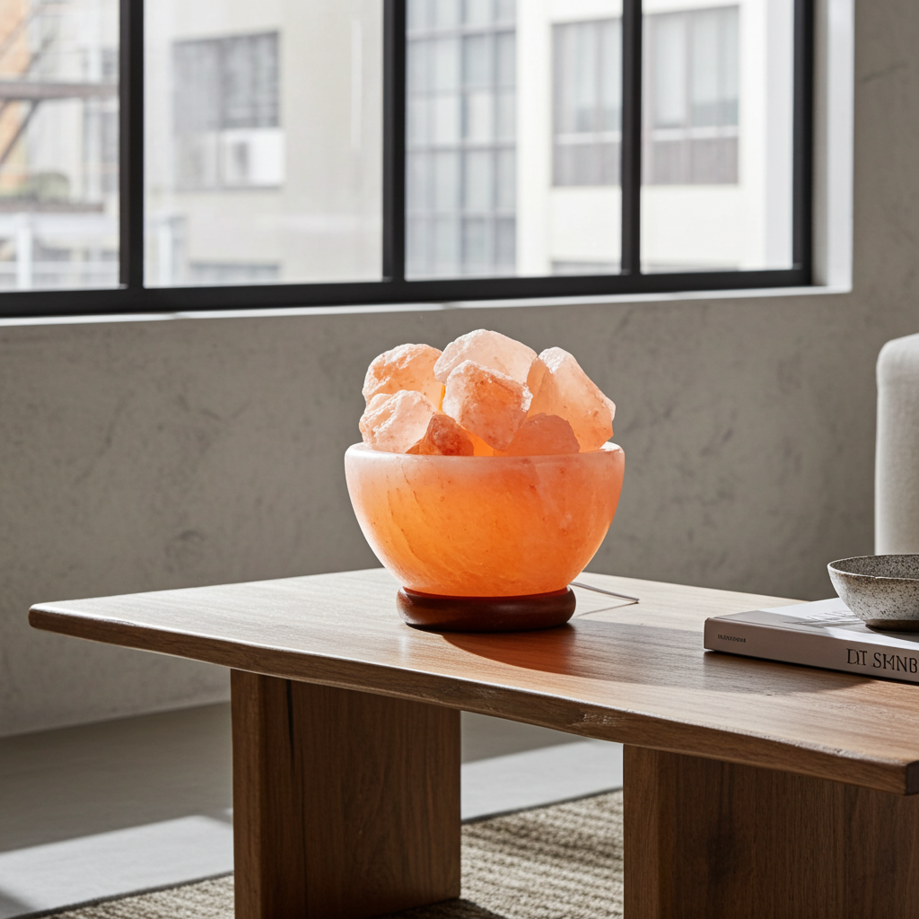 Natural Himalayan salt crystal bowl lamp with raw salt chunks for soft glow lighting, meditation, and calming room décor.