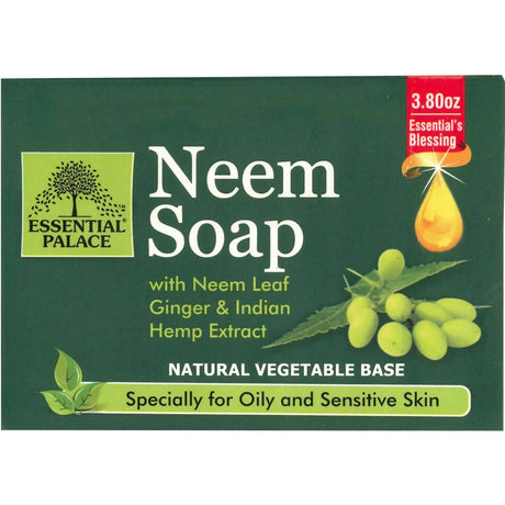 Neem Soap packaging with green background and product details.