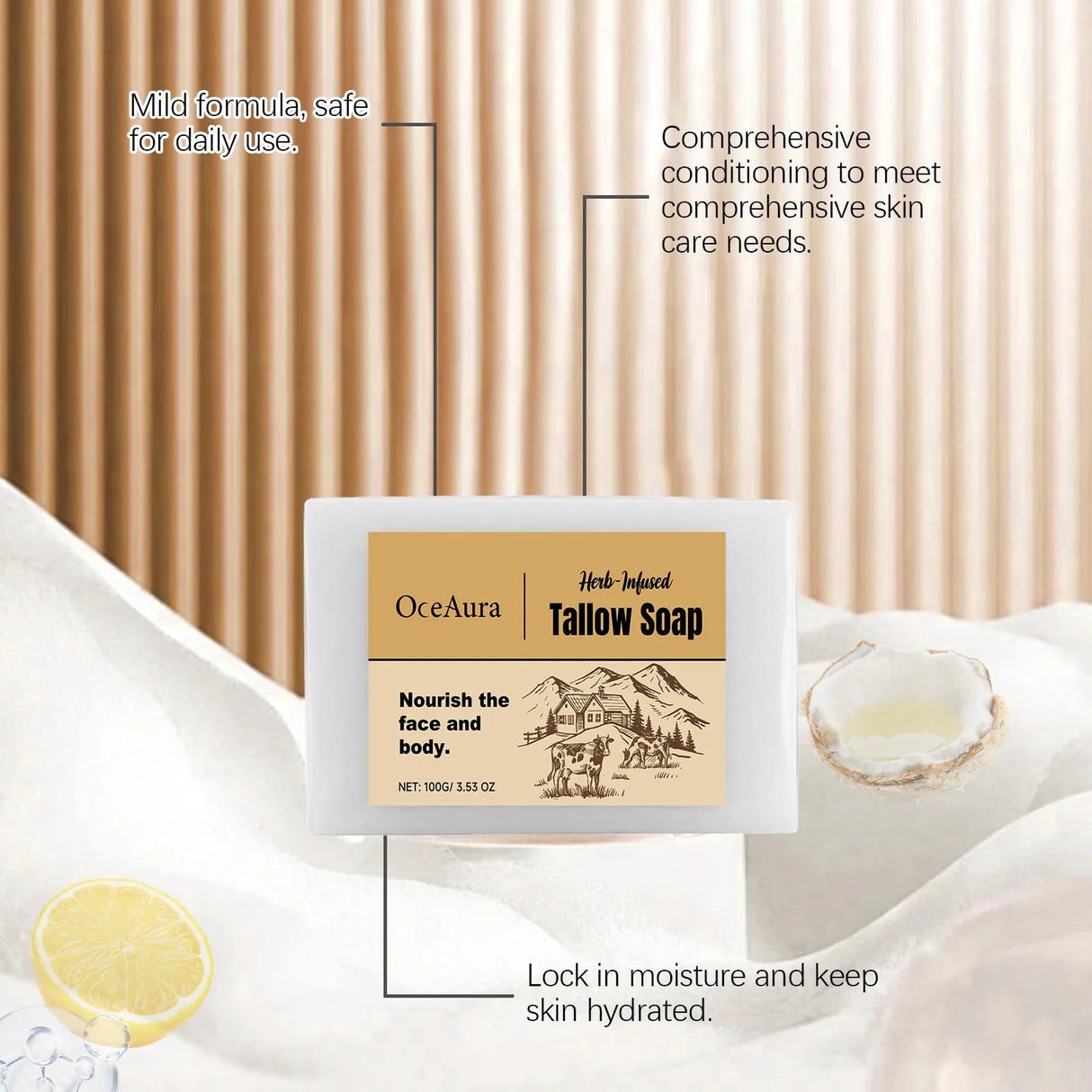 Oceaura Handmade Beef Tallow Soap Bar packaging with key features highlighted on neutral background.