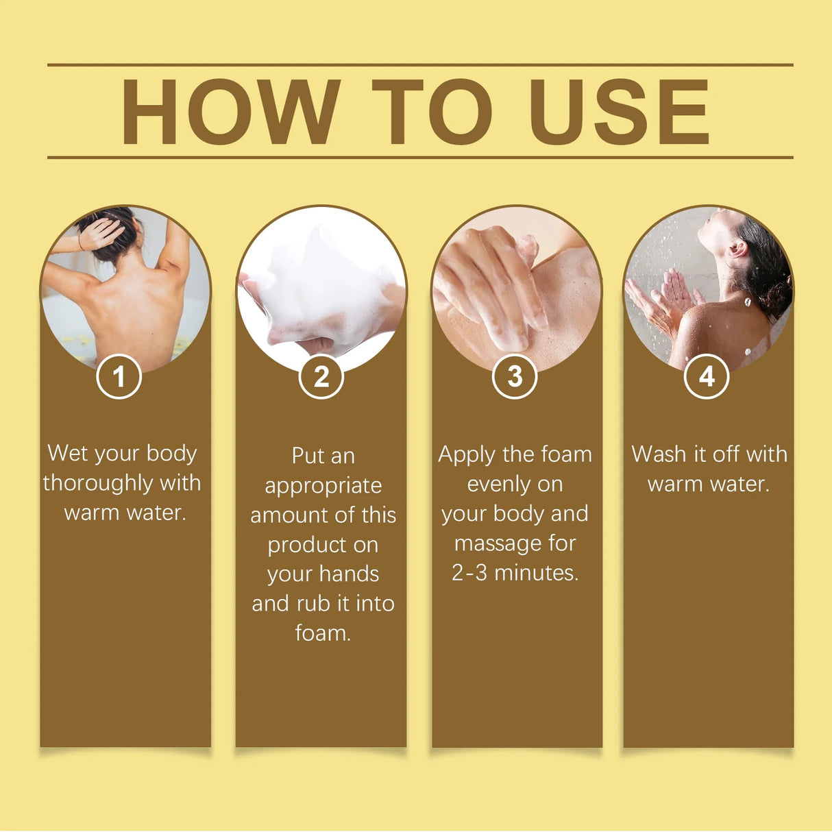 Four-step usage instructions for OceAura Coconut Body Wash Oil 100g for daily moisturizing cleansing routine.