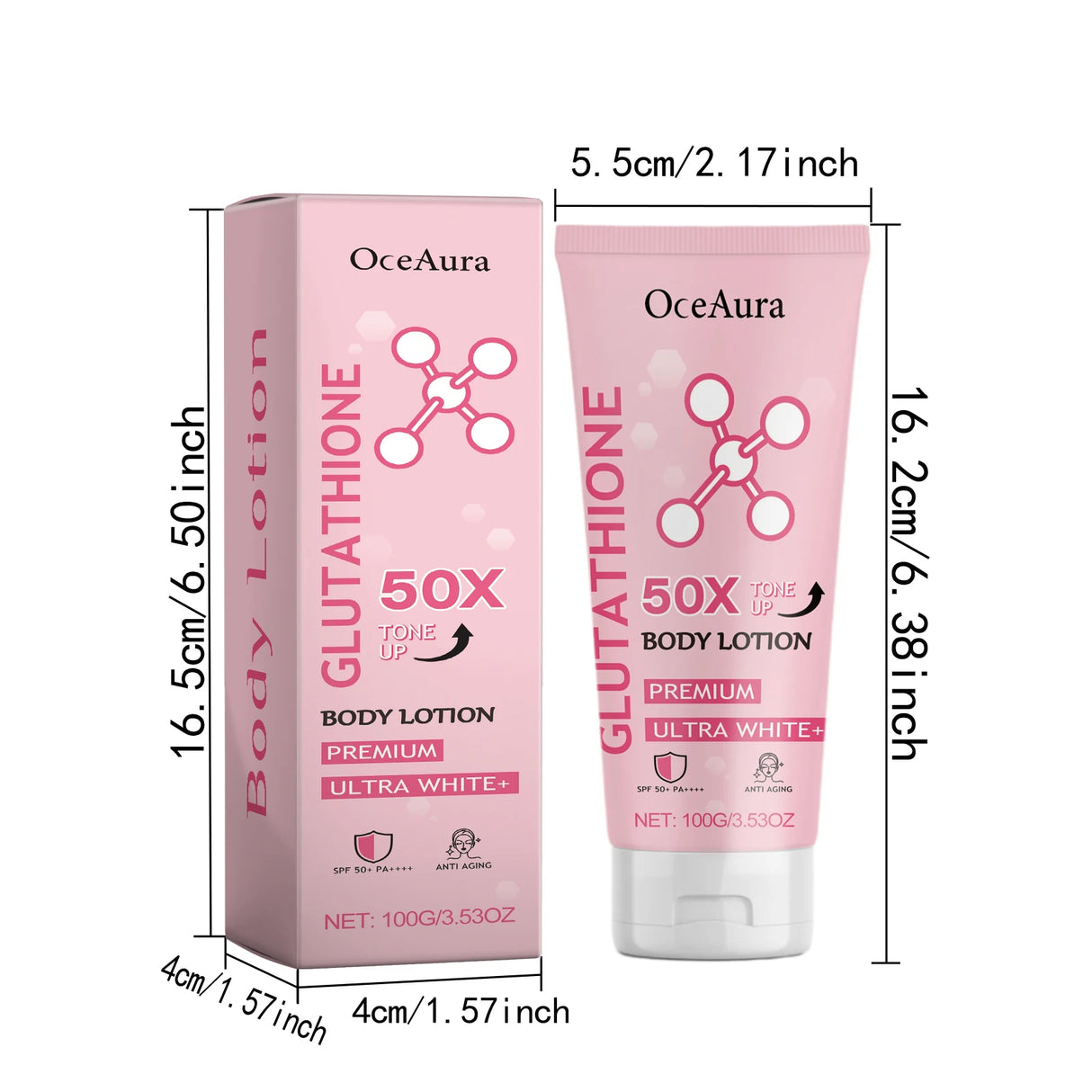 OceAura Glowing Body Lotion niacinamide brightening lotion packaging with dimensions on white background.