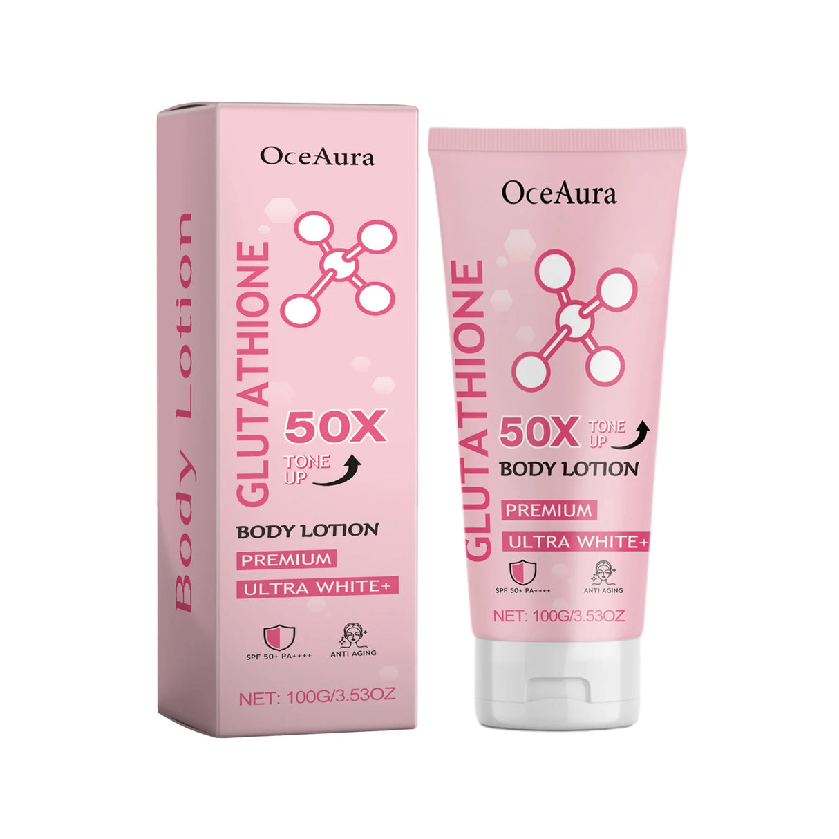 OceAura Glowing Body Lotion niacinamide brightening body lotion packaging overview on white background.