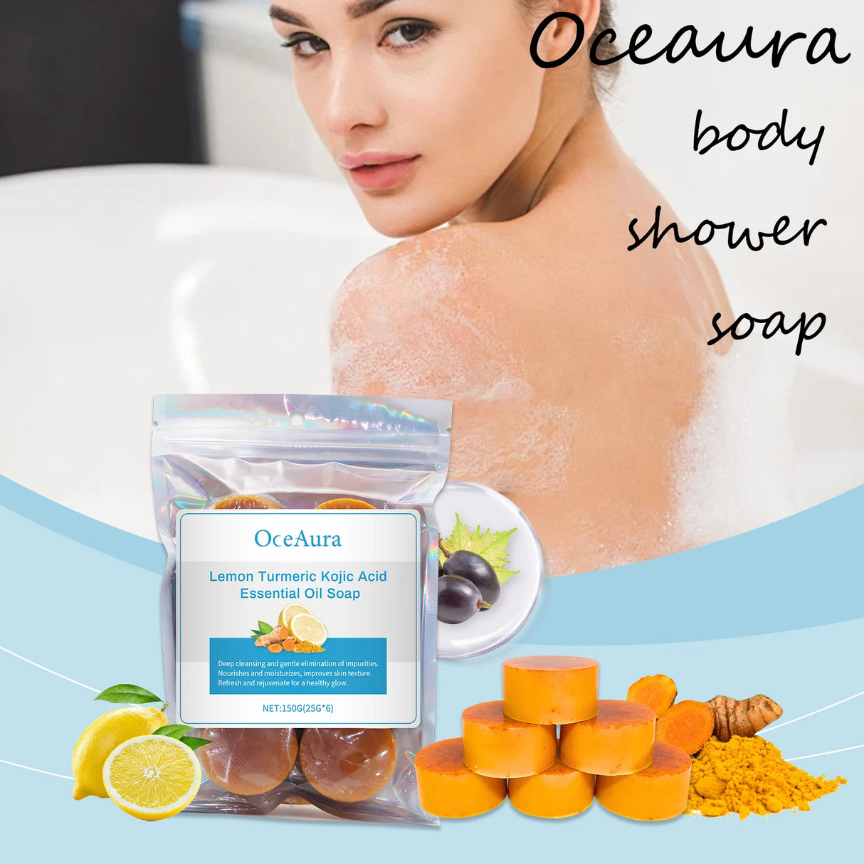 OceAura Lemon Turmeric Brightening Soap Bar packaging with woman in bathtub and ingredients displayed.