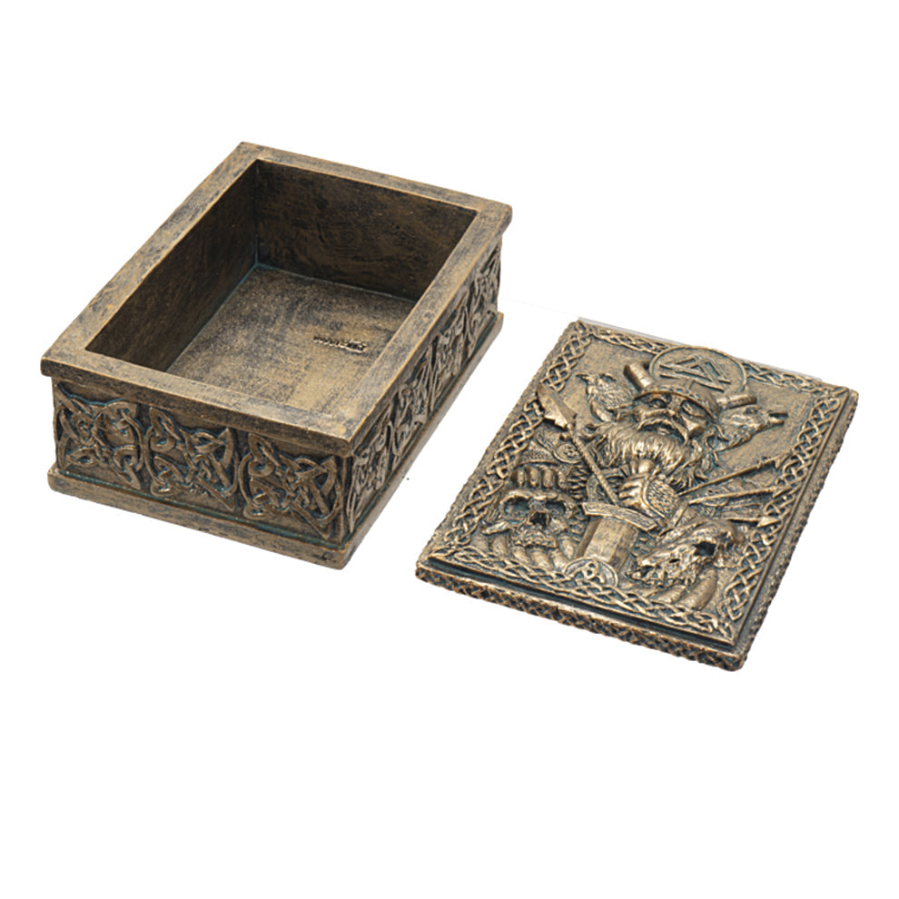 Odin trinket box ornamental storage box for displaying and protecting small valuables and Viking decor pieces.