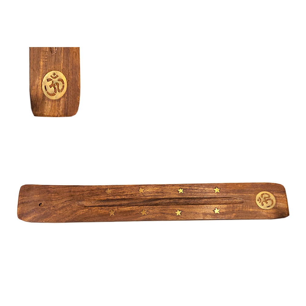 Om wood incense boat burner for stick incense burning, altar decor, and meditation spaces.