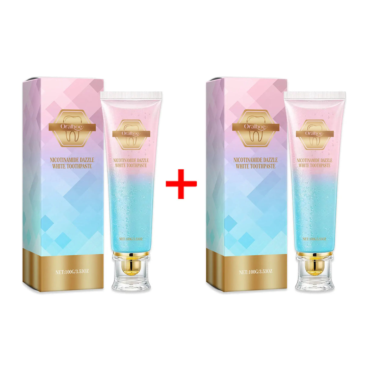 Oralhoe Nicotinamide Teeth Brightening Toothpaste 100g tubes and box set on white background.