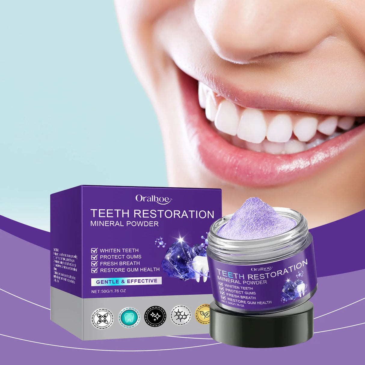 Oralhoe Purple Teeth Whitening Mineral Powder packaging with smiling close-up for daily whitening.