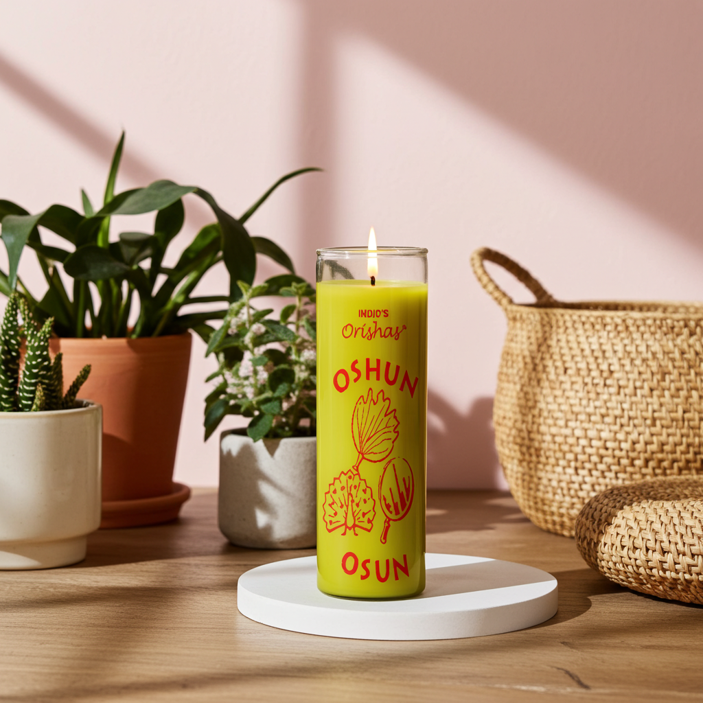OSHUN ORISHAS 7 day yellow devotional candle in glass container for ritual work, blessings, and sacred ceremonies.