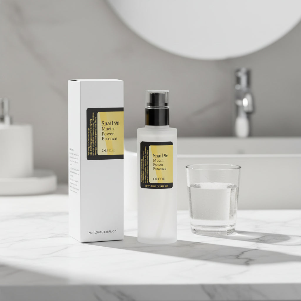 OUHOE Brightening Snail Mucin Essence bottle for smoothing skin texture, softening dry areas, and everyday skincare use.