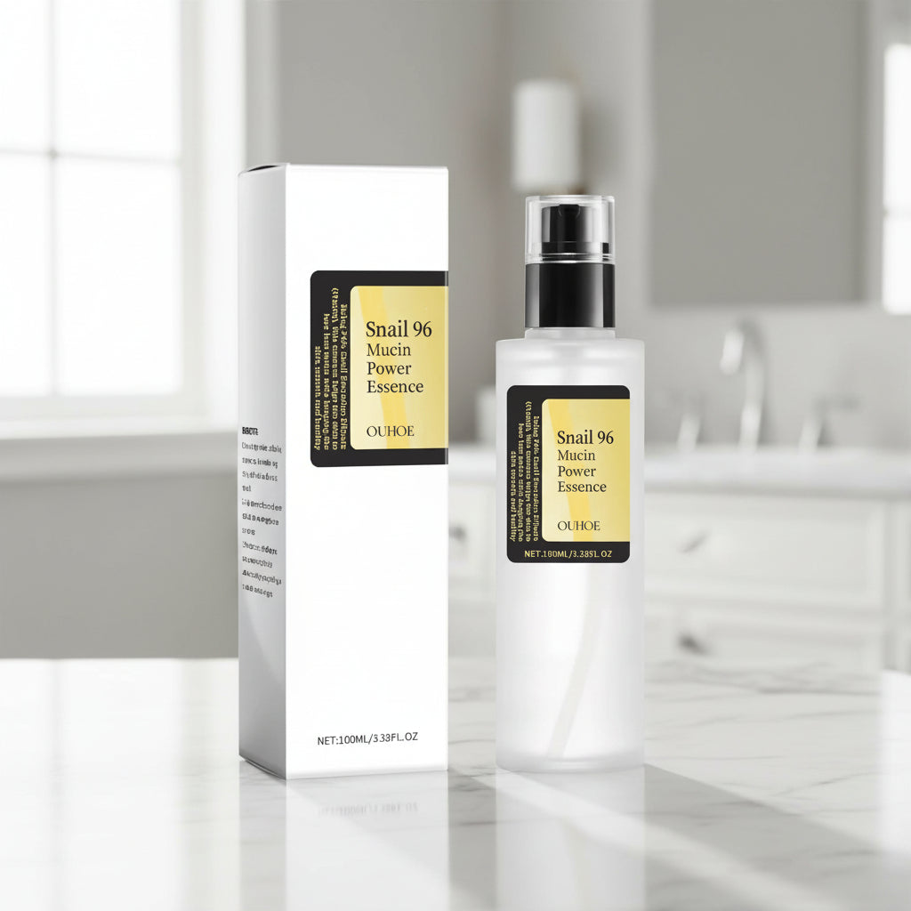 OUHOE Snail 96 Mucin Essence facial care bottle for brightening dull-looking skin, moisturizing deeply, and daily routine use.