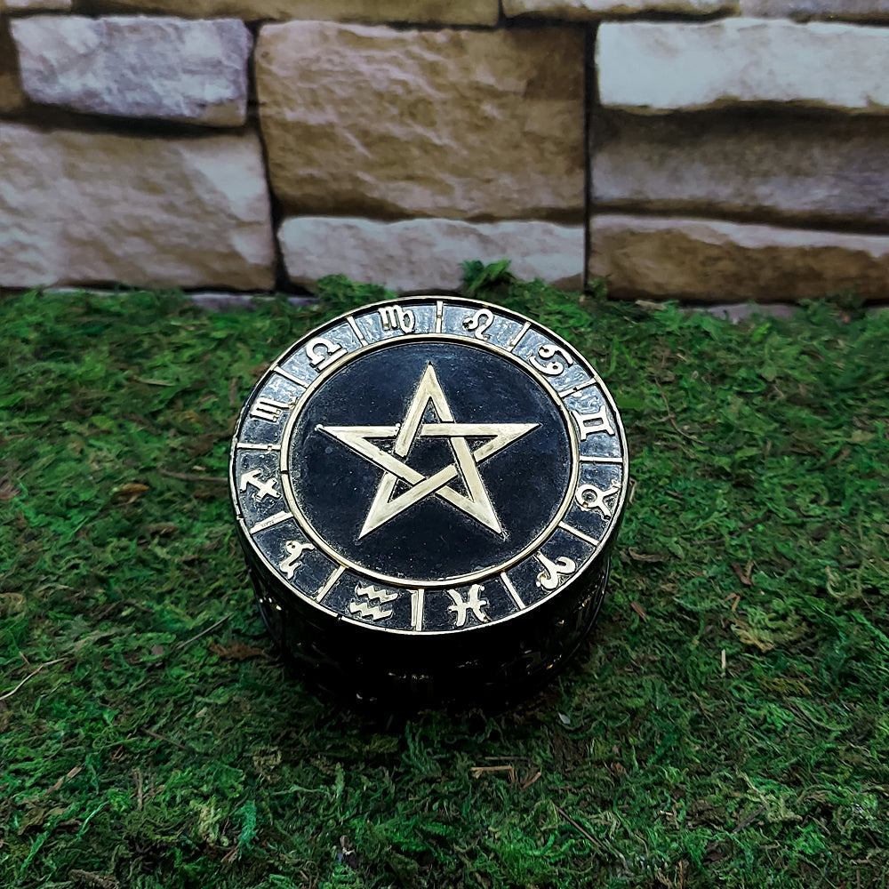 Pagan pentacle trinket box for storing crystals, amulets, and ceremonial keepsakes.