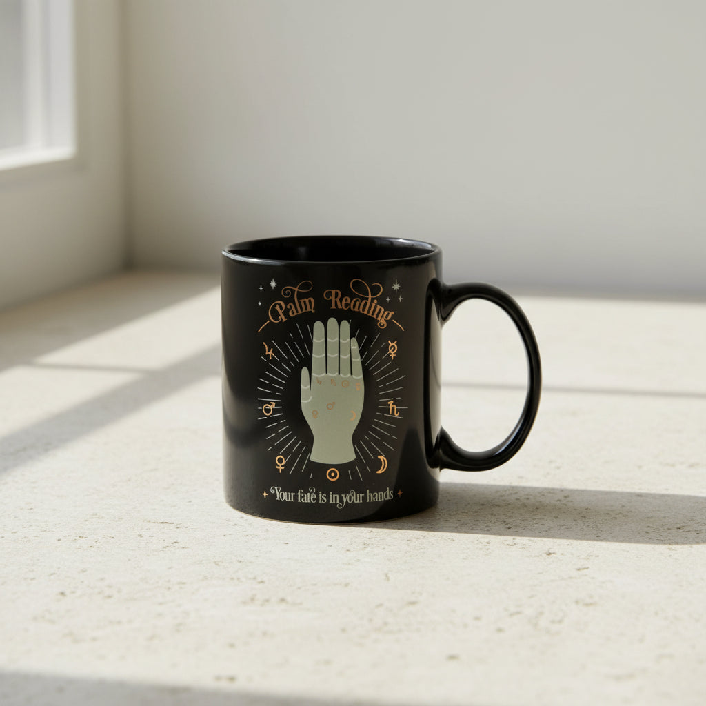 Palm Reading Tarot Card mug 11 ounces side view showing printed palmistry design.