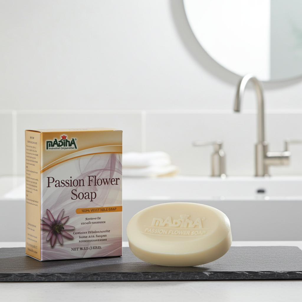Passion Flower Stress Relief Soap bar displayed for bathing, cleansing, and relaxation.