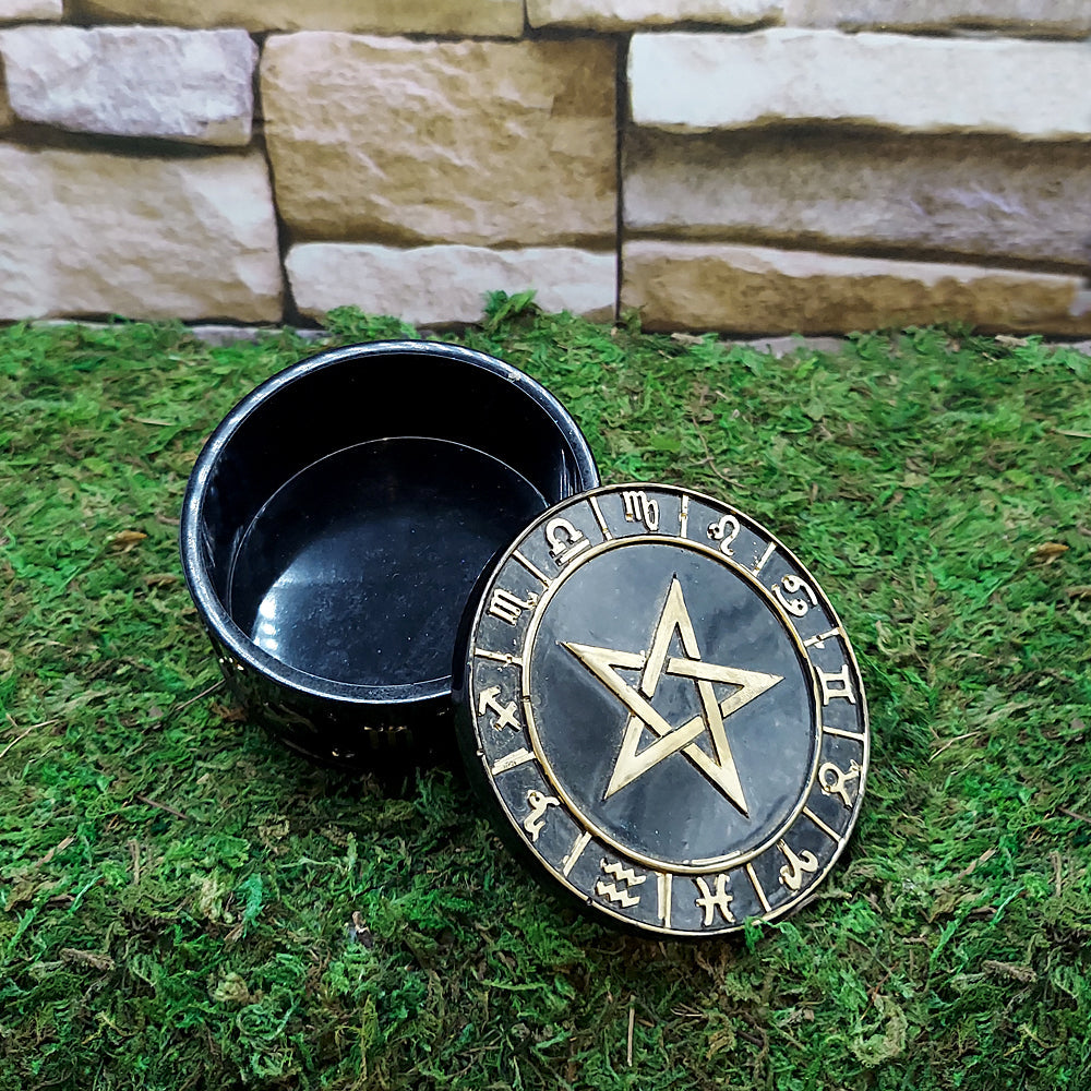 Pentacle altar trinket box for organizing ritual jewelry, stones, and spiritual supplies.