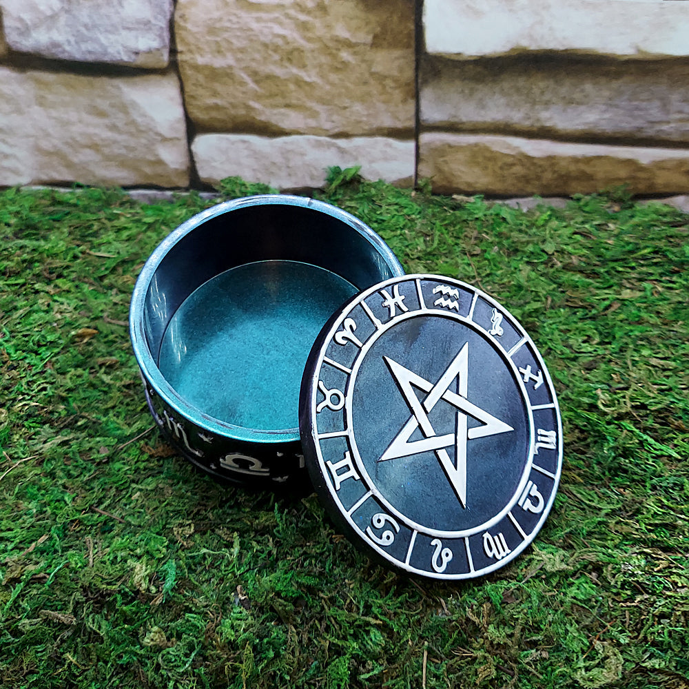 Pentacle box for crystals and charms for sacred storage, altar use, and spiritual organization.