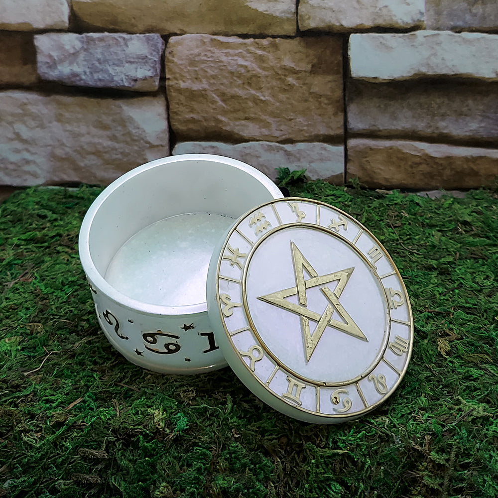 Pentacle box for jewelry and keepsakes for daily storage, gifting, and spiritual decor use.
