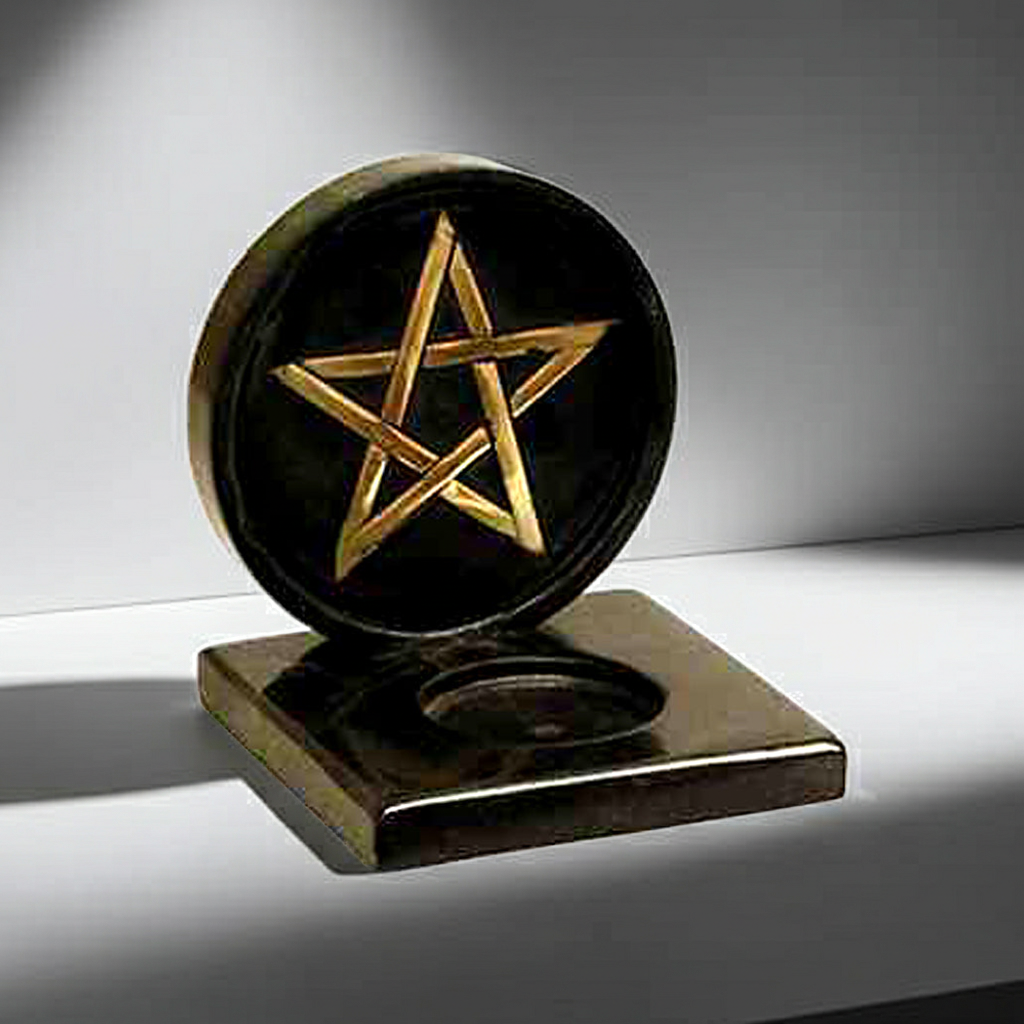Pentacle candle holder altar decor piece for holding ritual candles during spiritual practice and sacred space setup.