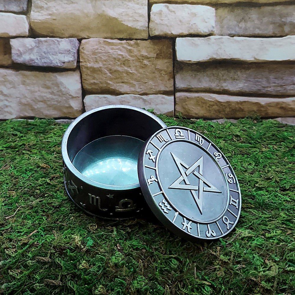 Pentacle keepsake box for altar use, crystal storage, and holding sacred ritual accessories.