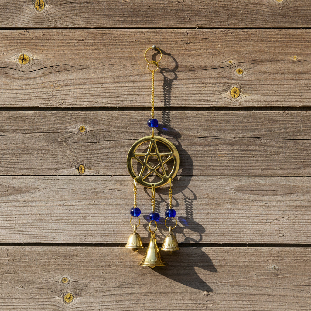 Pentacle windchime with beads for hanging outdoor decor, porch styling, and altar space ambiance.