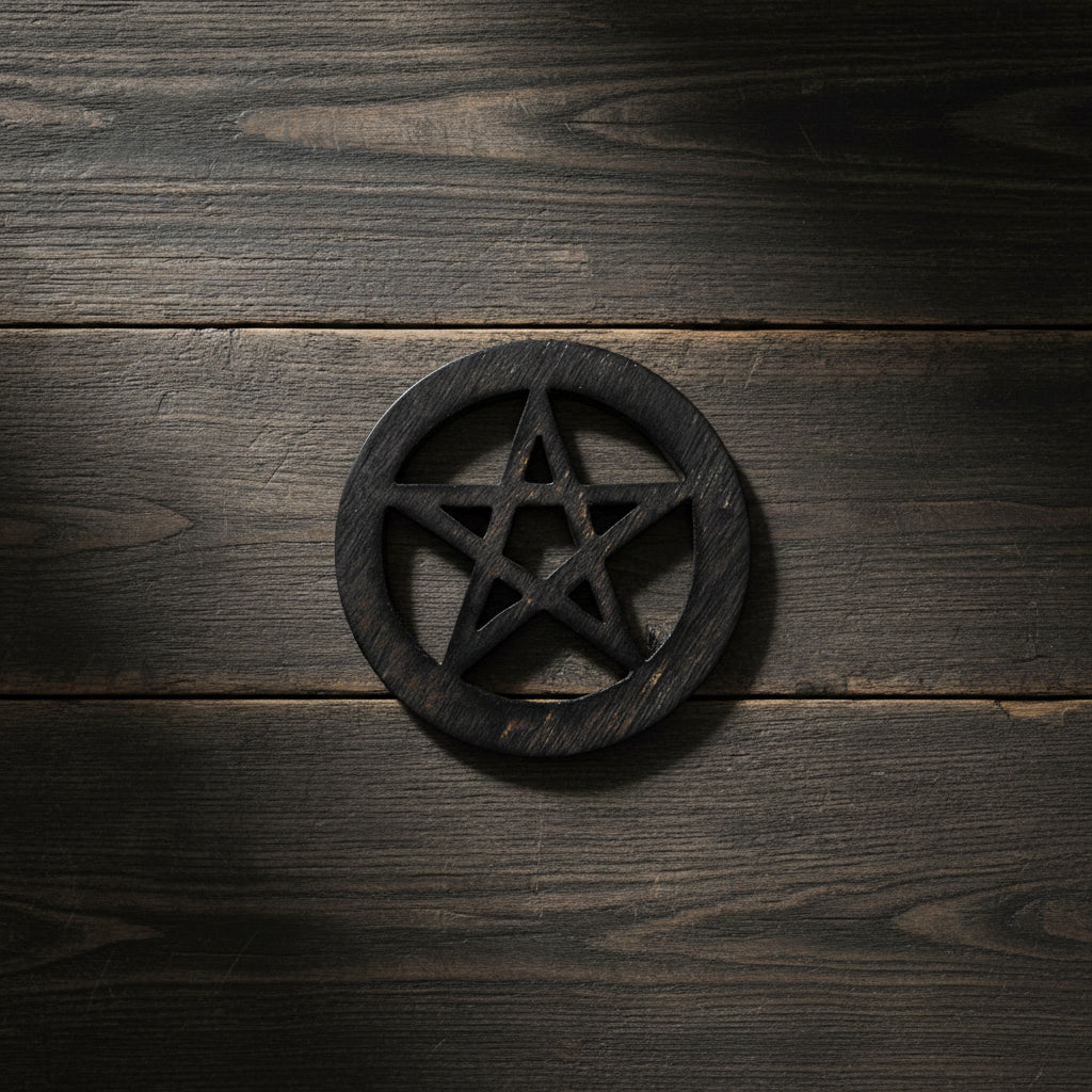 Pentacle wood altar tile for candle placement, ritual tool display, and altar decor.