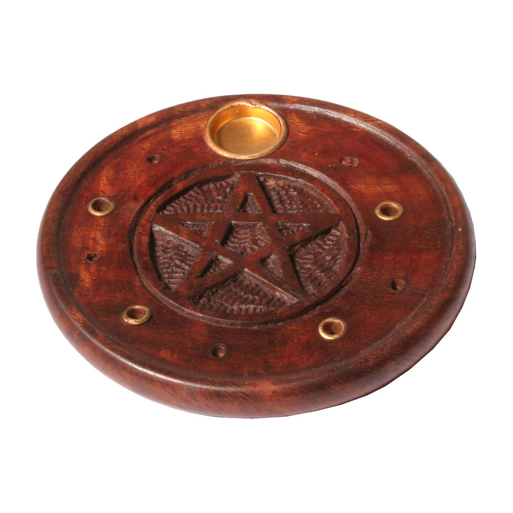 Pentacle wood round incense burner for stick incense burning, altar decor, and meditation spaces.
