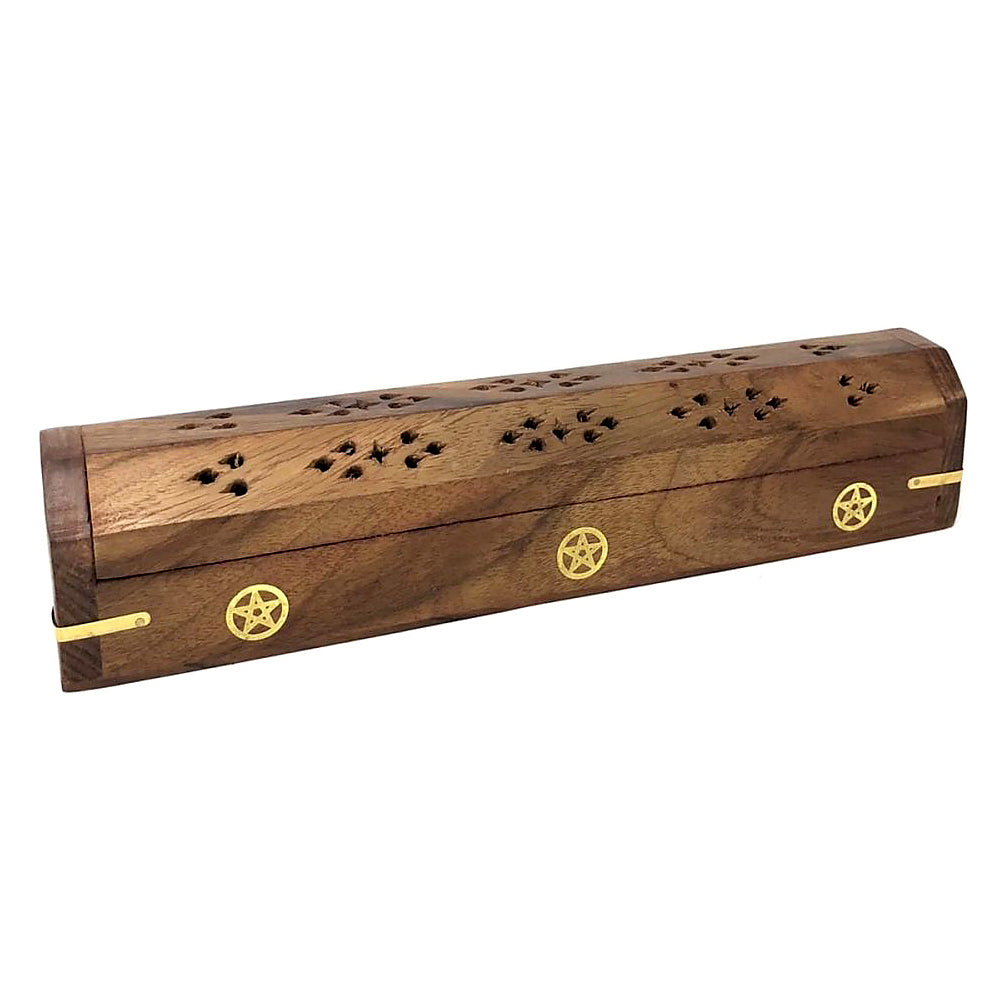 Pentacle wooden coffin-shaped incense box burner for storing incense sticks and ash catching.