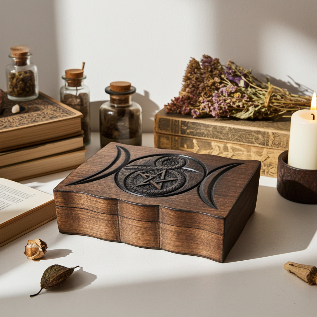 Pentagram Cobra carved wood box with engraved lid for jewelry storage, altar use, and small keepsake organization.
