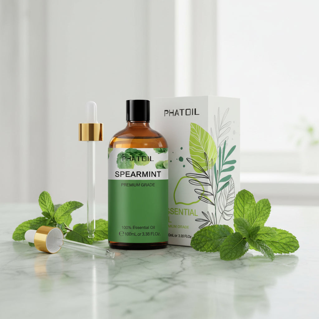 PHATOIL 100ML Pure Essential Oil Spearmint bottle for aromatherapy, diffuser use, and refreshing home fragrance.