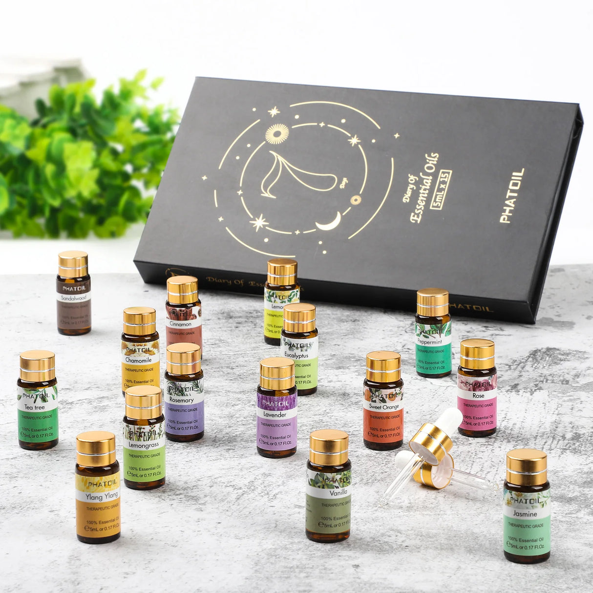PHATOIL pure natural essential oils 15pcs set with small bottles for aromatherapy, soap making, and candle scenting.