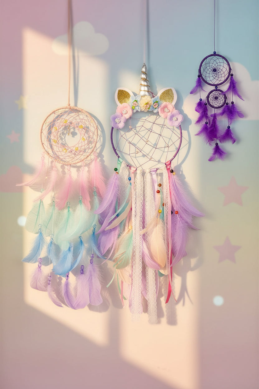 Pink and Purple Dream Catcher wall hanging for bedroom decor, peaceful sleep, and spiritual home decoration.