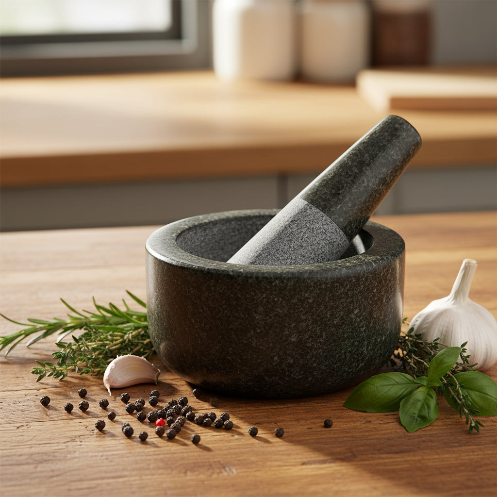 Polished granite mortar and pestle set for grinding spices, herbs, and seasoning blends in the kitchen.