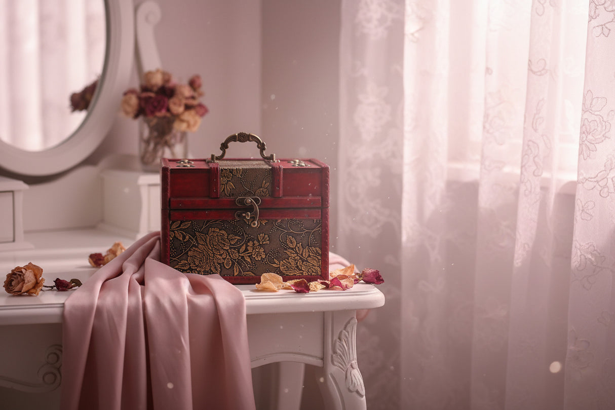 Portable wooden jewelry box organizer case for storing rings, earrings, necklaces, and daily accessories.