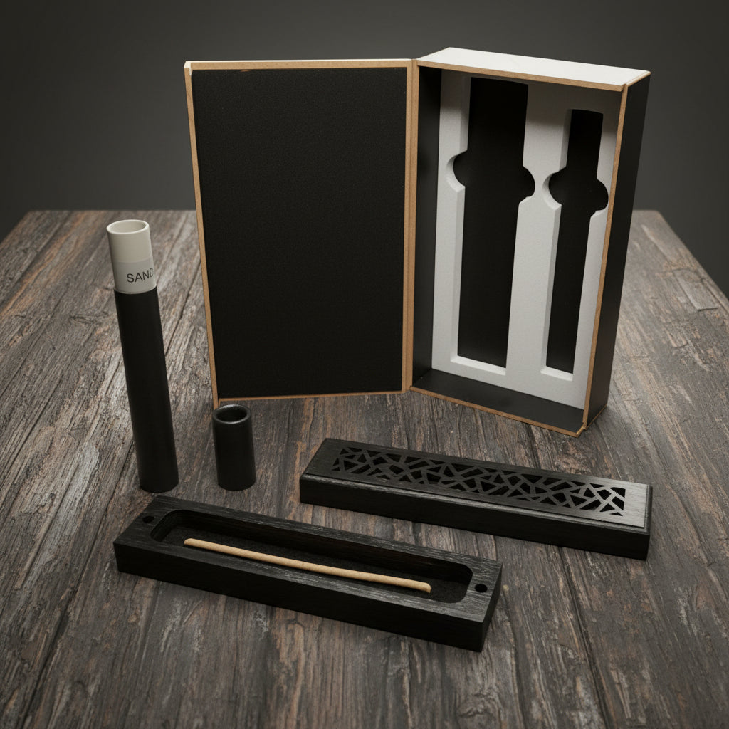 Premium Sandalwood incense gift set box for gifting, meditation, and home fragrance.