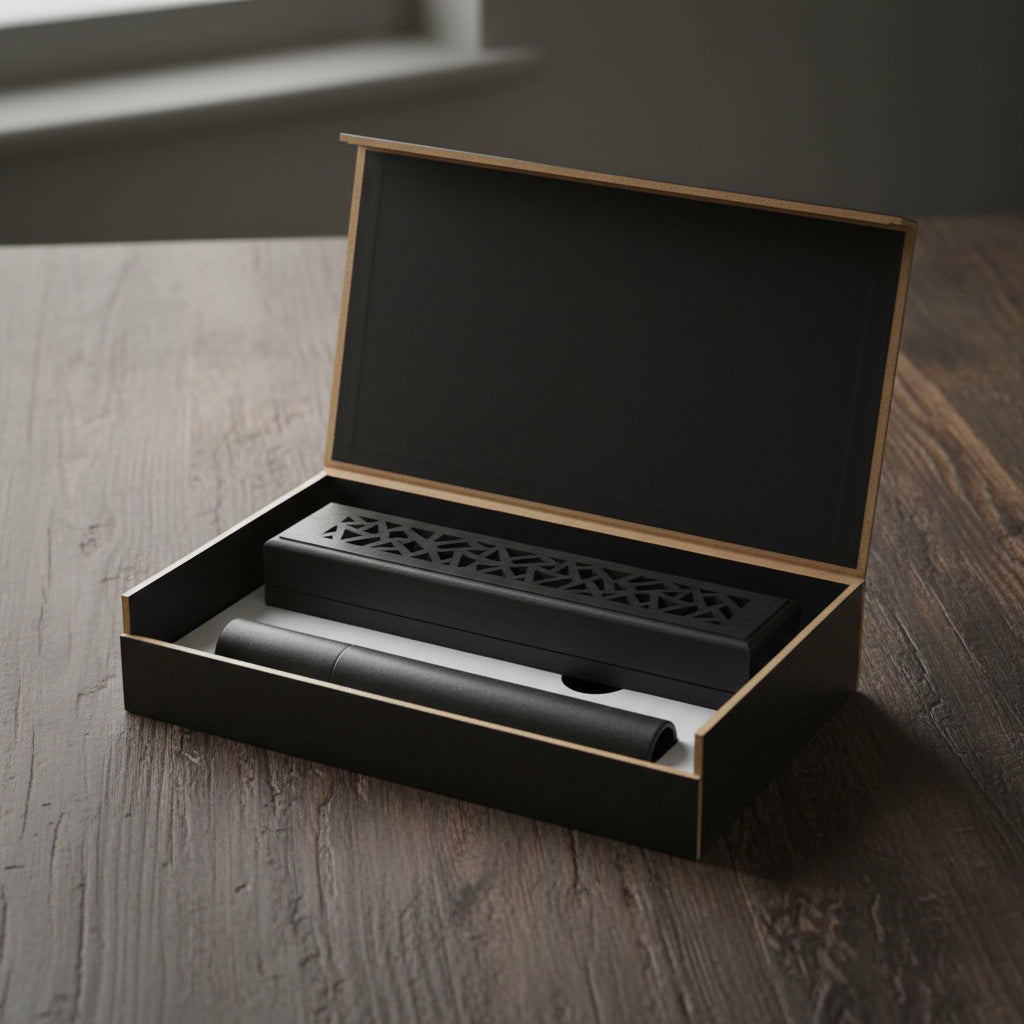 Premium Sandalwood incense gift set contents showing incense sticks and holder.