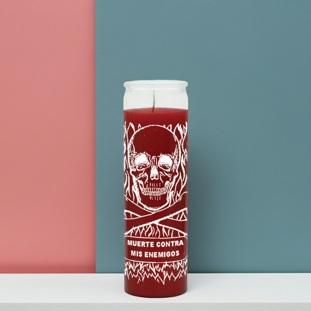 Protection from Enemies glass encased red candle for spiritual shielding, reversing hostile energy, and devotional use.