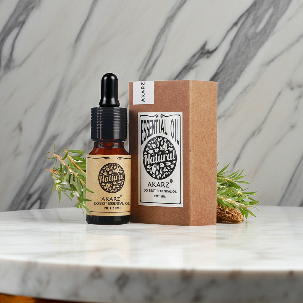 AKARZ Organic Tea Tree Essential Oil bottle for diffuser blends, aromatic massage dilution, and wellness routines.