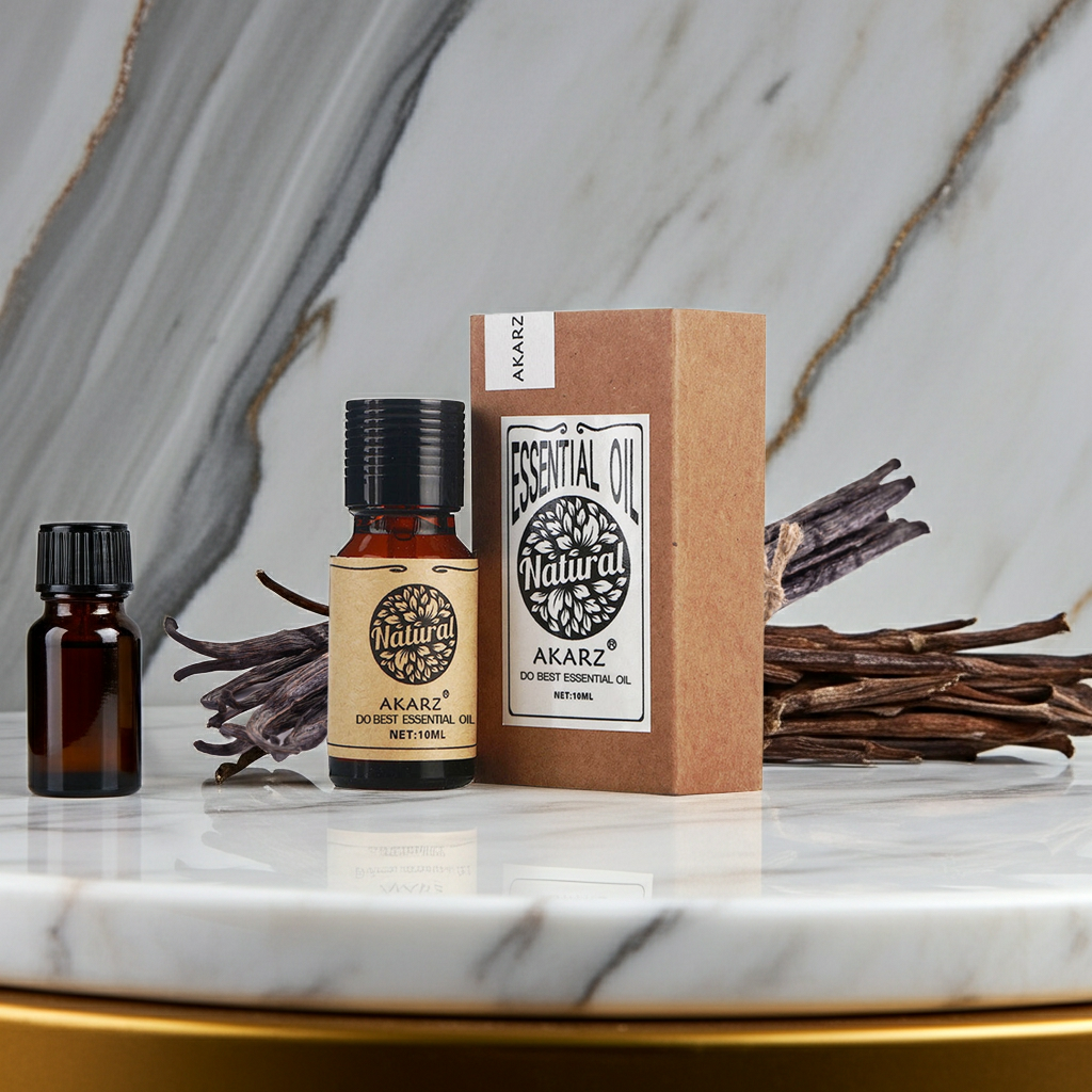 AKARZ pure vanilla essential oil bottle for aromatherapy, scent blending, and home wellness routines.