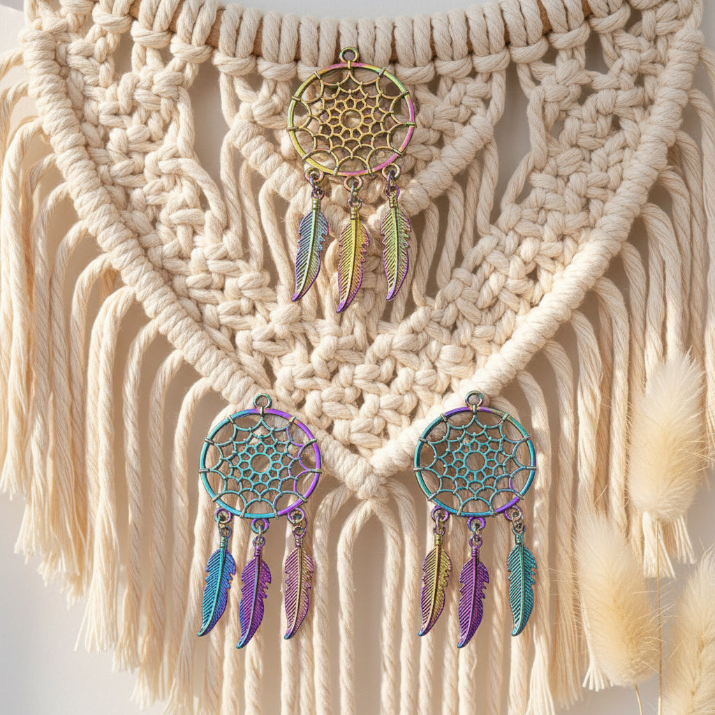 Rainbow Dreamcatcher alloy charms for jewelry making, bracelet design, and DIY craft projects.