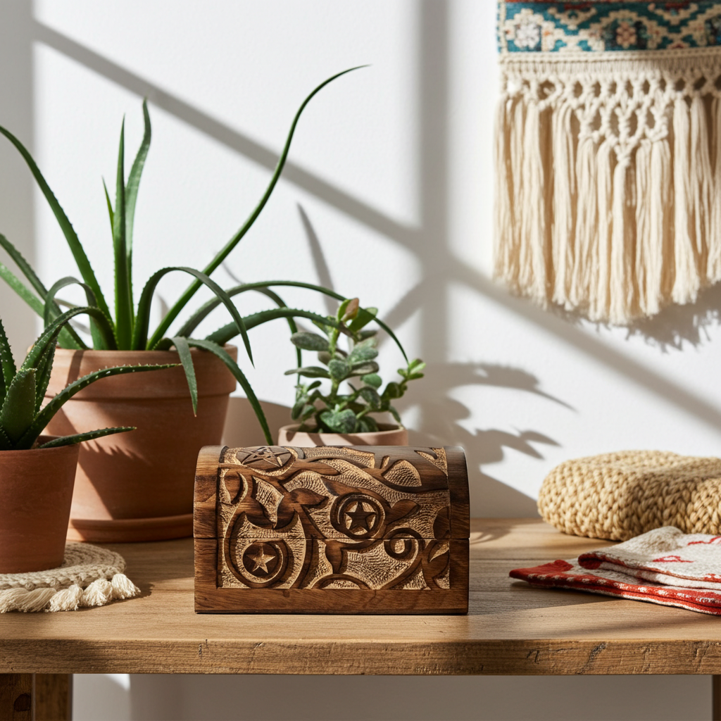 Raven & Pentagram carved round top wood box for storing jewelry, keepsakes, and ritual tools.