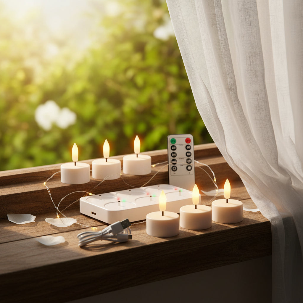 Rechargeable Flameless Tea Lights with Remote set for home ambiance, weddings, and romantic evenings.