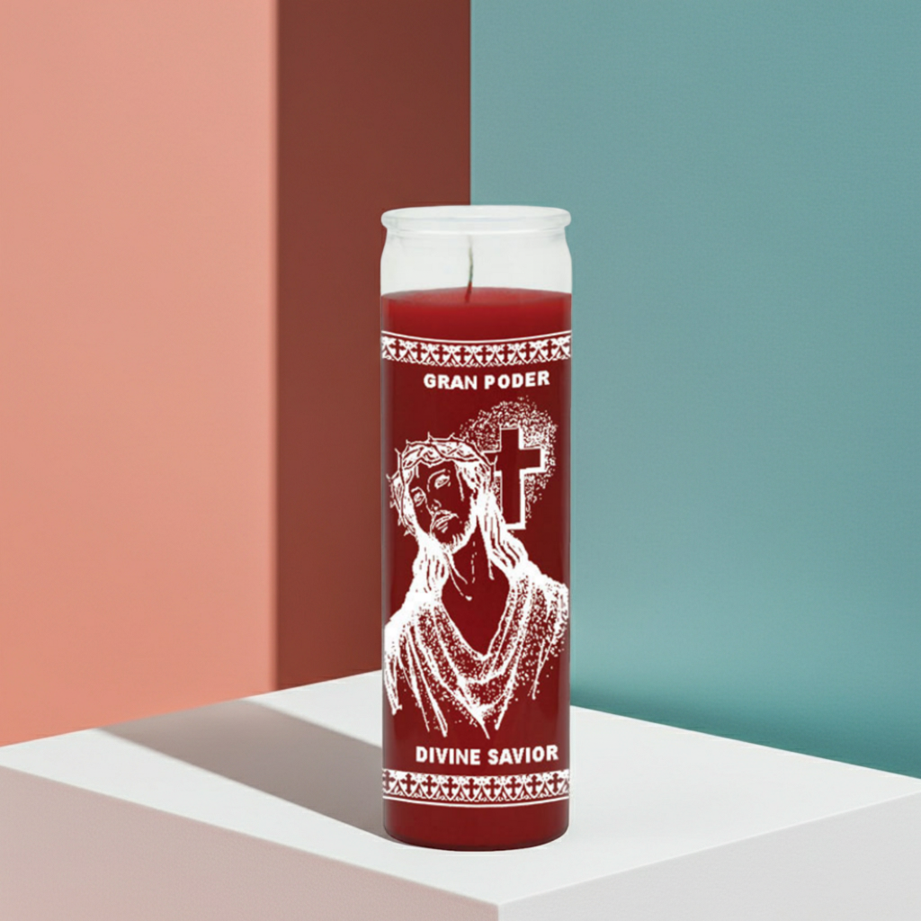 Divine Savior red seven day candle in tall glass jar for blessing work, prayer focus, and home devotional practice.